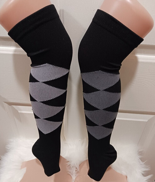 Knee High Socks With Gray Diamond Pattern In Black Size S/M - Picture 4 of 6
